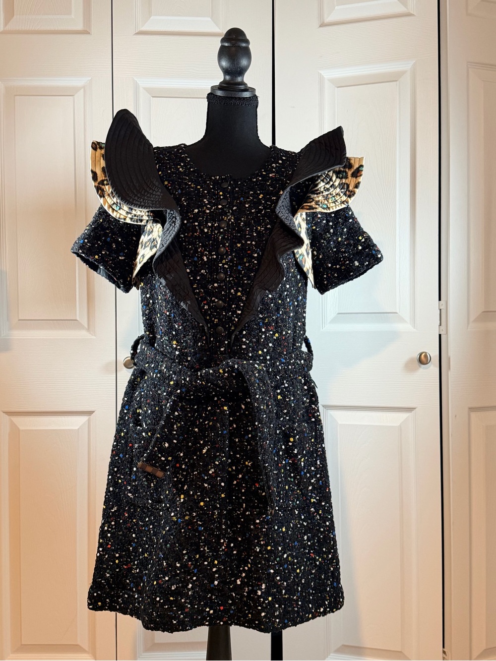 Louis Vuitton Black Embellished Tweed Dress Ruffled Size 40 (Medium)